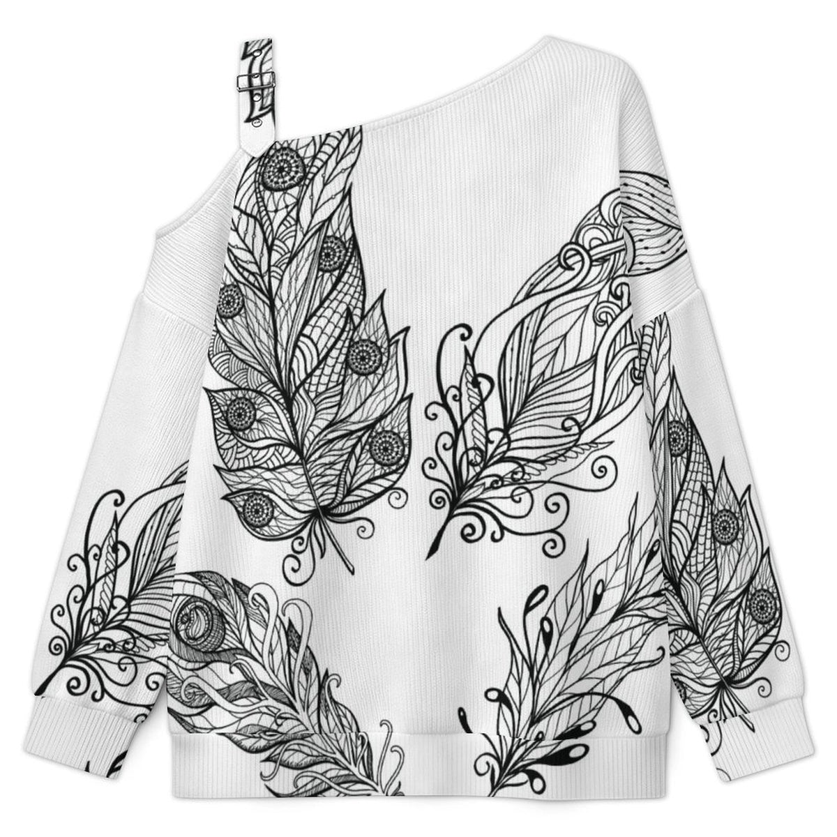 Feathers Fall Casual Asymmetric Shoulder Knit Top with Buckle Detail