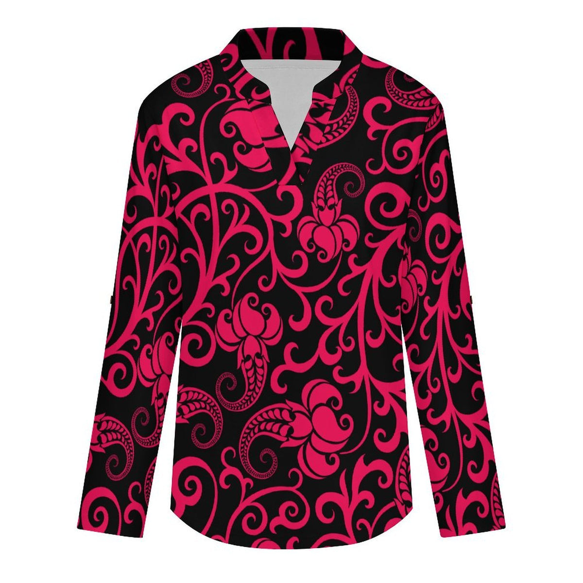 Women Curved Hem V Neck Roll Sleeve Casual Work Top  Repeat Pattern Black