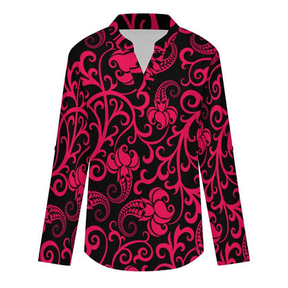 Women Curved Hem V Neck Roll Sleeve Casual Work Top  Repeat Pattern Black