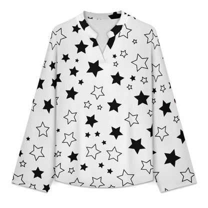 Stand-up Collar Long-sleeved Shirt Star Black white S Women’s V-Neck Blouses