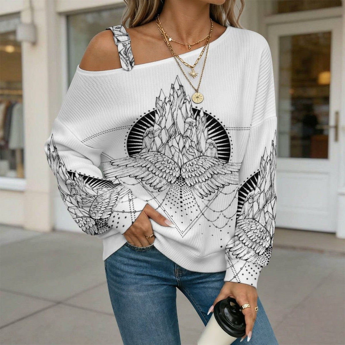 Wing Buckle Strap Asymmetrical Off Shoulder Knit Sweater