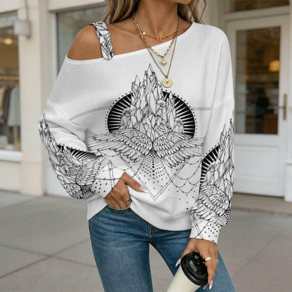 Wing Buckle Strap Asymmetrical Off Shoulder Knit Sweater