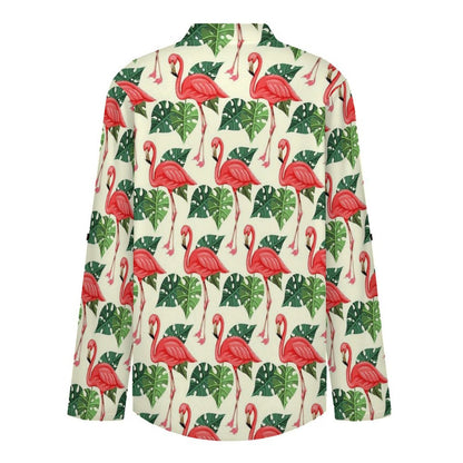 Women's Notched V Neck Tunic Tops, Roll Up 3/4 Sleeve Button Cuff Casual Blouse, Hem Loose Work Shirts Flamingo, Repeating Pattern