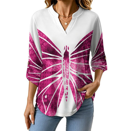 Roll Tab 3/4 Sleeve Notched V Neck Tunic Blouse  Red, Butterfly