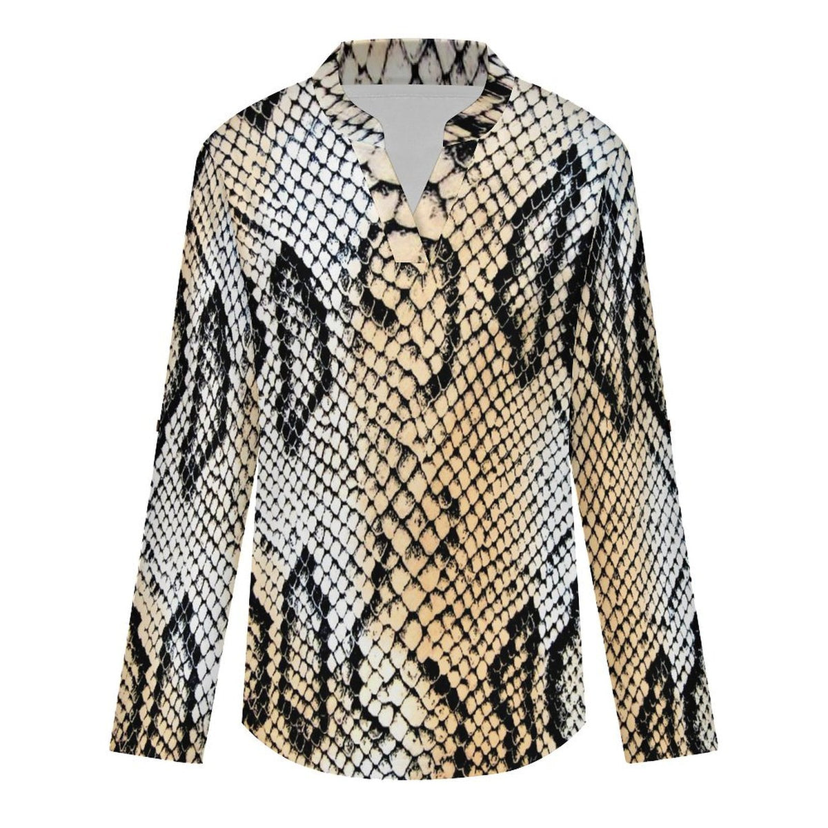 Versatile Notched V-Neck Tunic  Roll Tab 3/4 Sleeve Office Casual Top  Snakeskin Pattern, Repeating Pattern