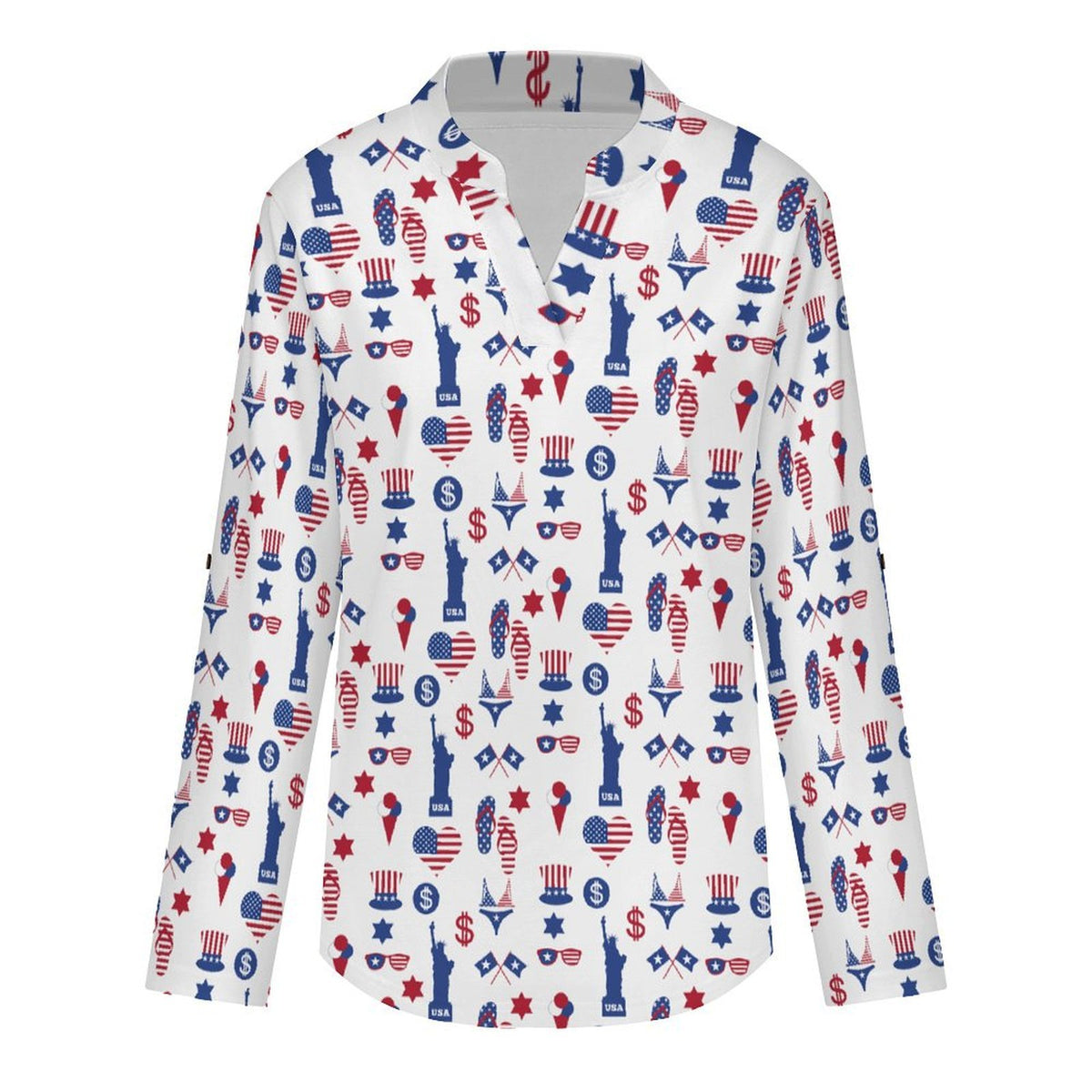 Statue of Liberty, Flag, Blue Stars, Stripes Roll Tab 3/4 Sleeve Notched V Neck Tunic Blouse