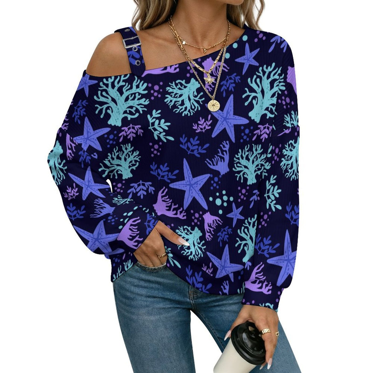 Women’s Off-Shoulder Knit Sweater Ocean Pattern
