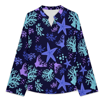 Women's Notched V Neck Tunic Tops, Roll Up 3/4 Sleeve Button Cuff Casual Blouse, Hem Loose Work Shirts  Ocean Pattern
