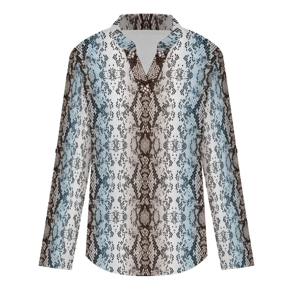 Snakeskin Pattern, Repeating Pattern Roll Tab 3/4 Sleeve Notched V Neck Tunic Blouse