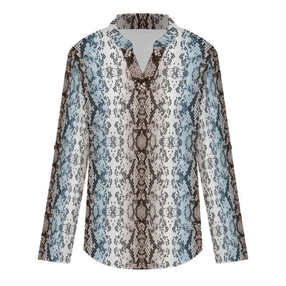 Snakeskin Pattern, Repeating Pattern Roll Tab 3/4 Sleeve Notched V Neck Tunic Blouse