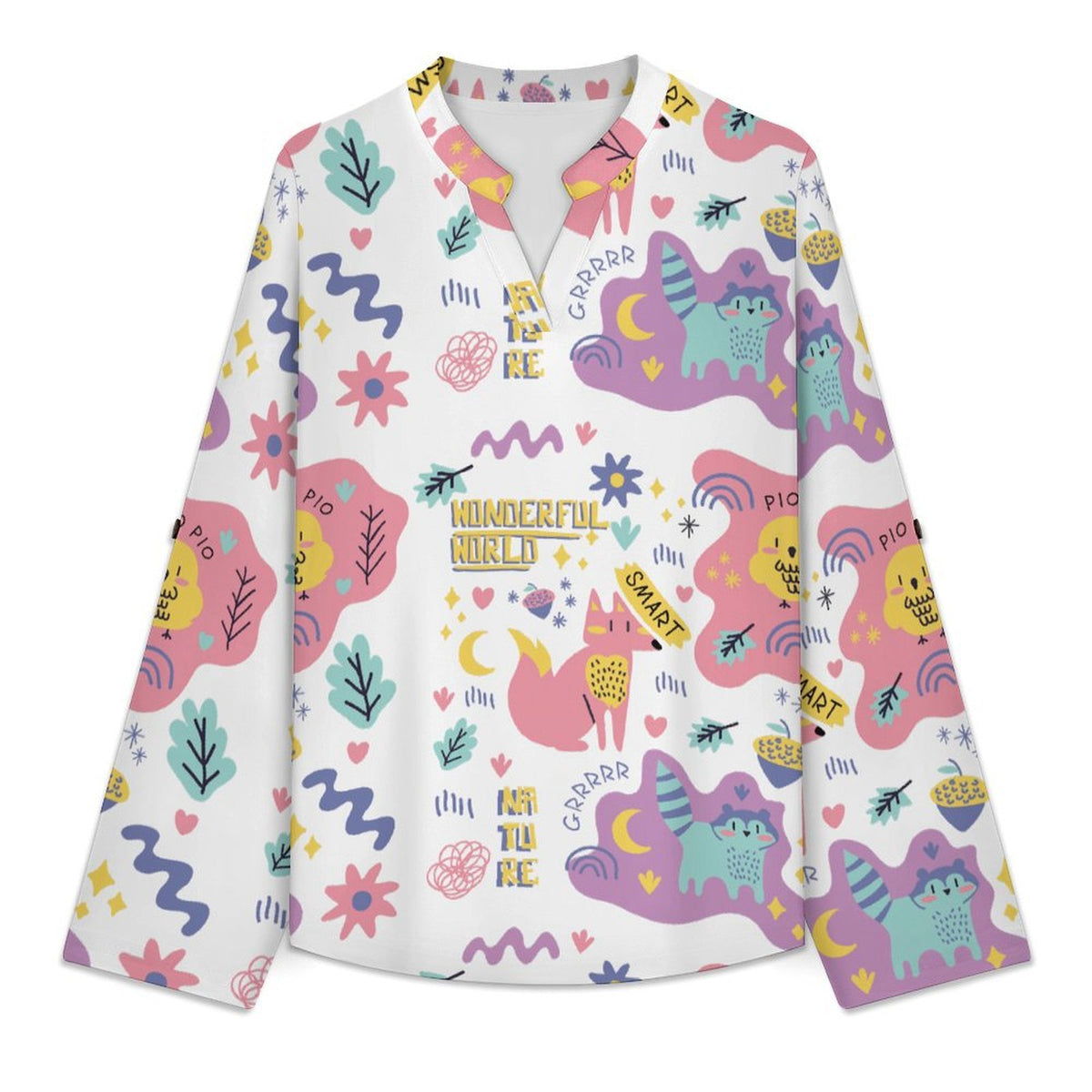 Autumn Cartoon Animal Plant Forest Repeat Pattern Children  Versatile Notched V-Neck Tunic | Roll Tab 3/4 Sleeve Office Casual Top
