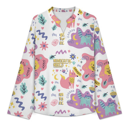 Autumn Cartoon Animal Plant Forest Repeat Pattern Children  Versatile Notched V-Neck Tunic | Roll Tab 3/4 Sleeve Office Casual Top