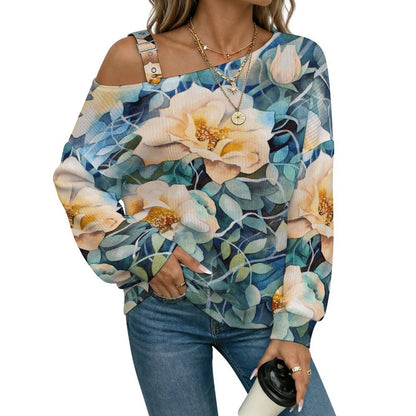 Fall Casual Asymmetric Shoulder Knit Top with Buckle Detail Vintage Flower Pattern