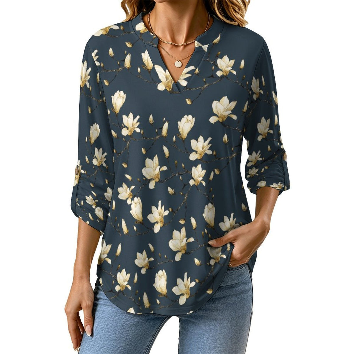 Versatile Notched V-Neck Tunic | Roll Tab 3/4 Sleeve Office Casual Top  Flowers, Women's Clothing, Repeating Patterns