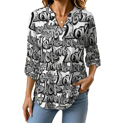 Graffiti, Font, Repeating Pattern  Versatile Notched V-Neck Tunic | Roll Tab 3/4 Sleeve Office Casual Top
