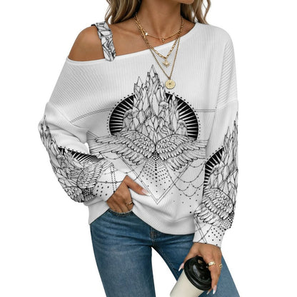 Wing Buckle Strap Asymmetrical Off Shoulder Knit Sweater