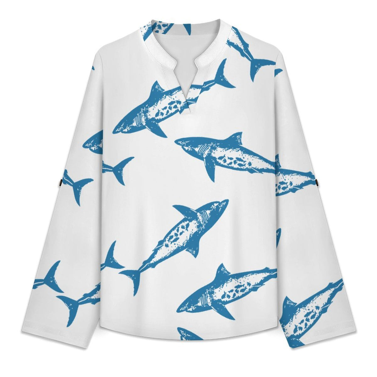 Shark Repeat Pattern  Versatile Notched V-Neck Tunic | Roll Tab 3/4 Sleeve Office Casual Top