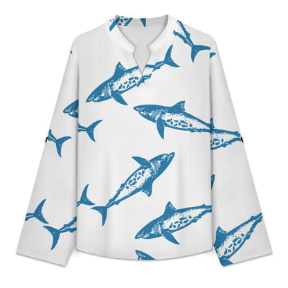 Shark Repeat Pattern  Versatile Notched V-Neck Tunic | Roll Tab 3/4 Sleeve Office Casual Top