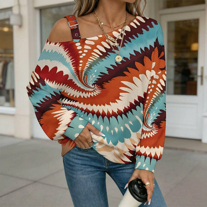 Fall Casual Asymmetric Shoulder Knit Top with Buckle Detail Tie Dye Stripes