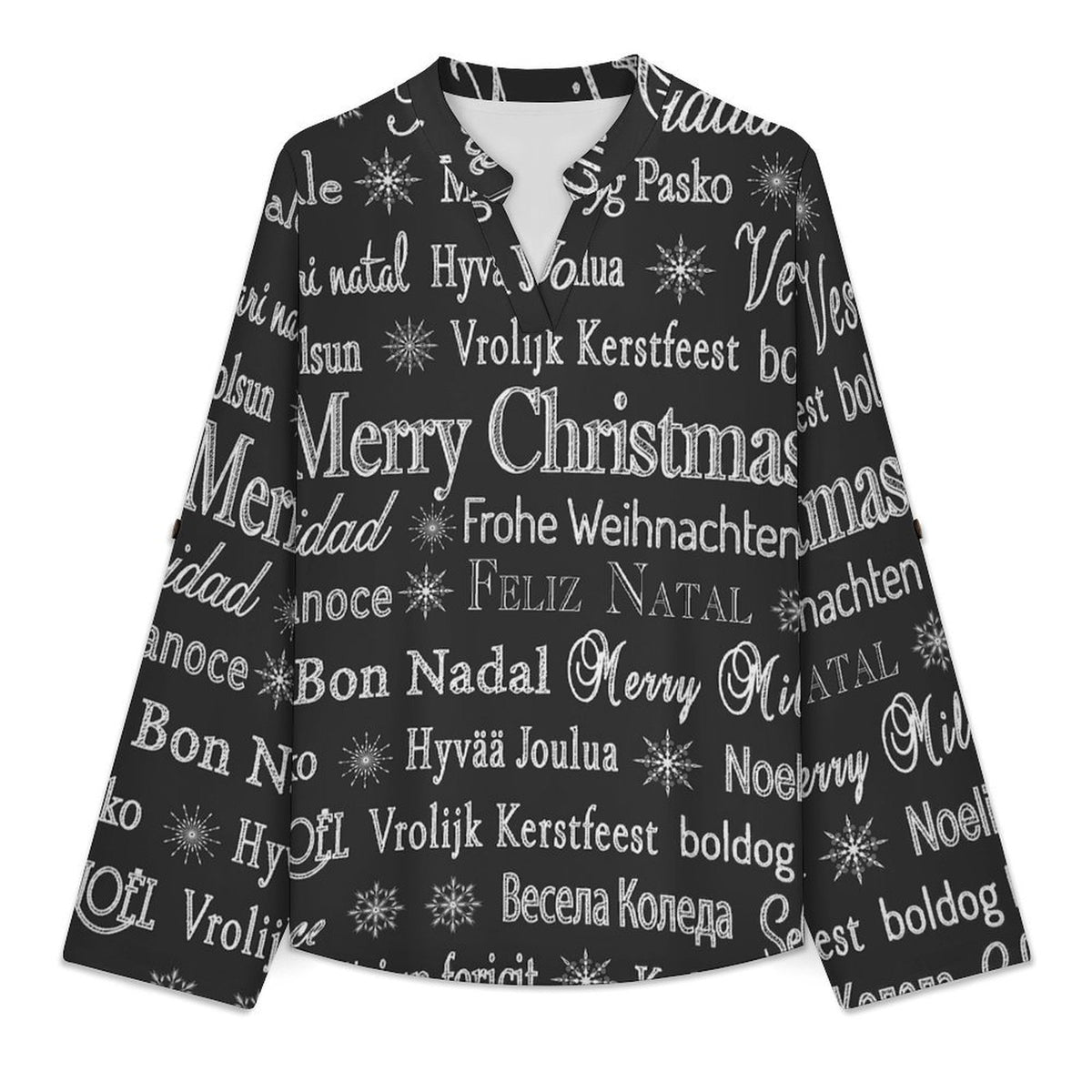 Merry Christmas  Versatile Notched V-Neck Tunic | Roll Tab 3/4 Sleeve Office Casual Top