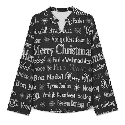 Merry Christmas  Versatile Notched V-Neck Tunic | Roll Tab 3/4 Sleeve Office Casual Top
