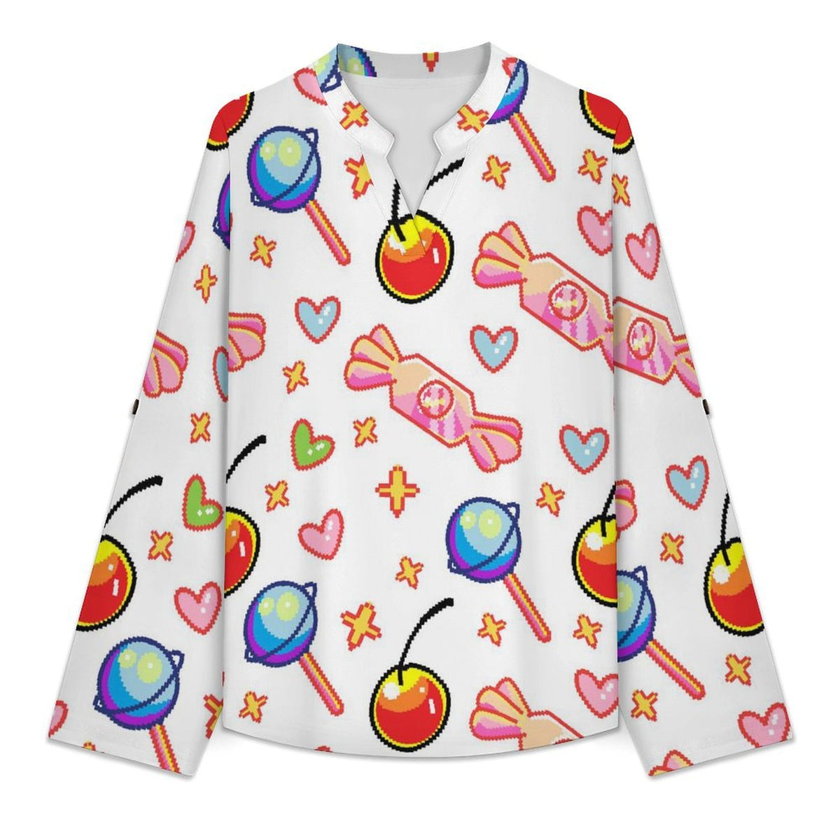 Stand-up Collar Long-sleeved Shirt Pixel Food white SWomen’s V-Neck Blouses