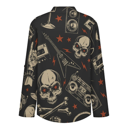 Retro Skull Pattern, Music  Versatile Notched V-Neck Tunic | Roll Tab 3/4 Sleeve Office Casual Top
