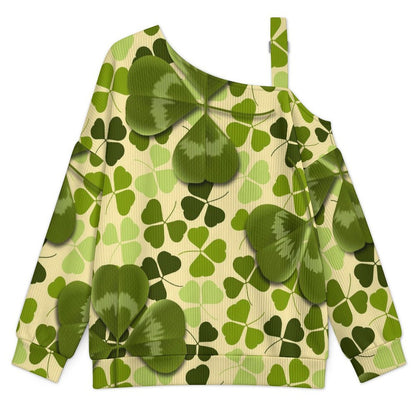 St Patrick, Clover, Green Buckle Strap Asymmetrical Off Shoulder Knit Sweater