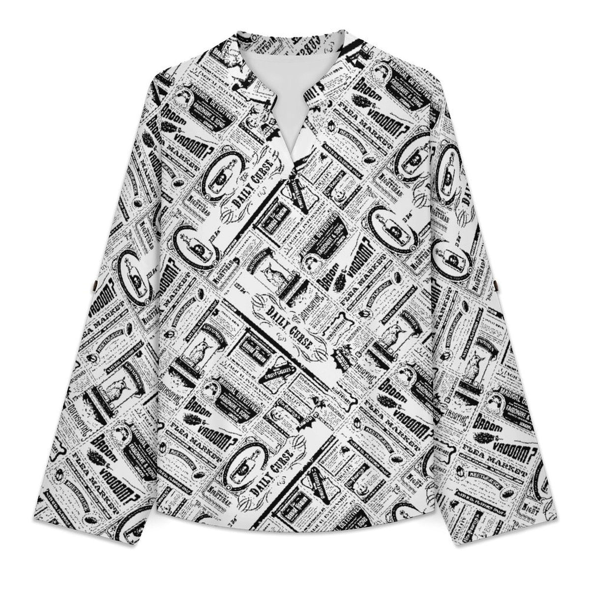 Stand-up Collar Long-sleeved Shirt Newspaper Vintage Dress white S Women’s V-Neck Blouses