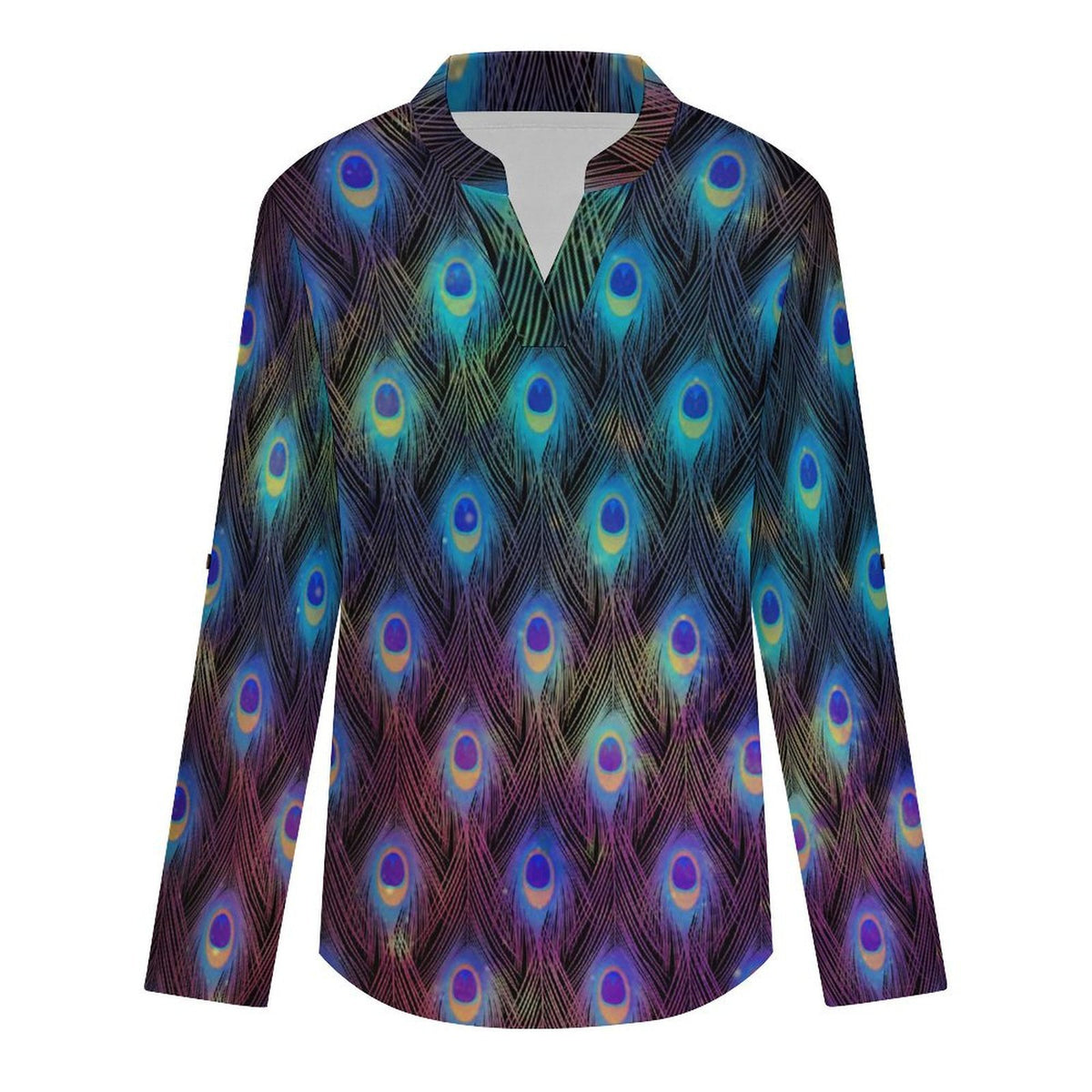 Peacock Feather Roll Tab 3/4 Sleeve Notched V Neck Tunic Blouse