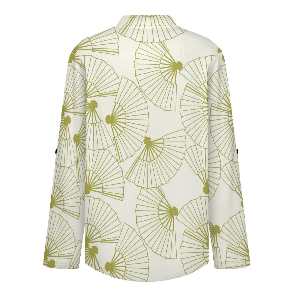 Green Fan Pattern Roll Tab 3/4 Sleeve Notched V Neck Tunic Blouse