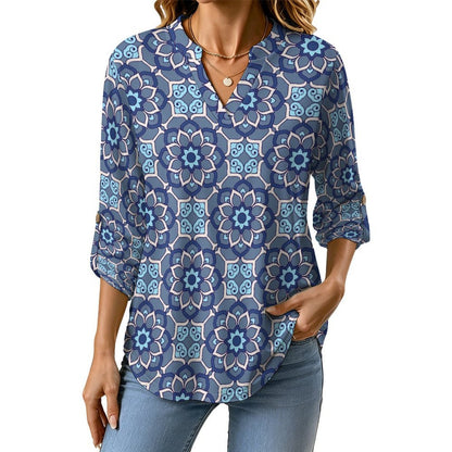 Women Curved Hem V Neck Roll Sleeve Casual Work Top  Batik