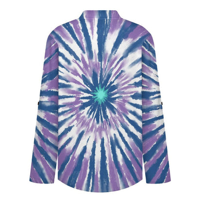 Women's Notched V Neck Tunic Tops, Roll Up 3/4 Sleeve Button Cuff Casual Blouse, Hem Loose Work Shirts  Tie-dye Radiation Blue Purple
