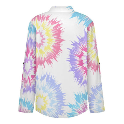 Women's Notched V Neck Tunic Tops, Roll Up 3/4 Sleeve Button Cuff Casual Blouse, Hem Loose Work Shirts  Color Special-shaped Graphics