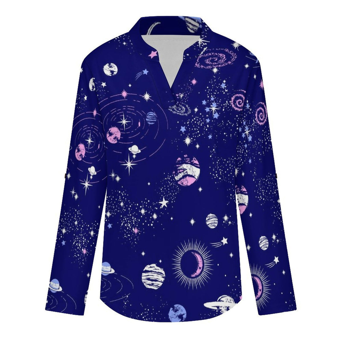 Women's Notched V Neck Tunic Tops, Roll Up 3/4 Sleeve Button Cuff Casual Blouse, Hem Loose Work Shirts  Blue Planet, Outer Space