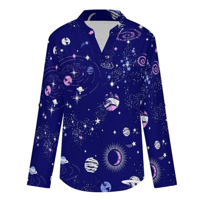 Women's Notched V Neck Tunic Tops, Roll Up 3/4 Sleeve Button Cuff Casual Blouse, Hem Loose Work Shirts  Blue Planet, Outer Space