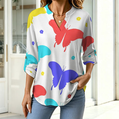 Women's Notched V Neck Tunic Tops, Roll Up 3/4 Sleeve Button Cuff Casual Blouse, Hem Loose Work Shirts  Butterfly-color-red-blue-yellow-repeat