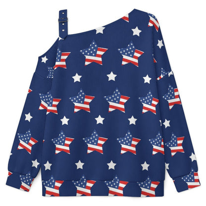 Buckle Strap Asymmetrical Off Shoulder Knit Sweater American Flag Star