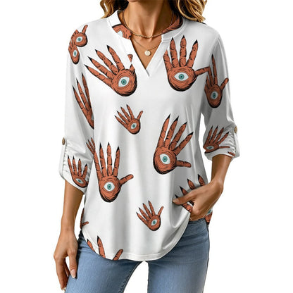 Versatile Notched V-Neck Tunic  Roll Tab 3/4 Sleeve Office Casual Top  Hands, Halloween, Repeating Pattern