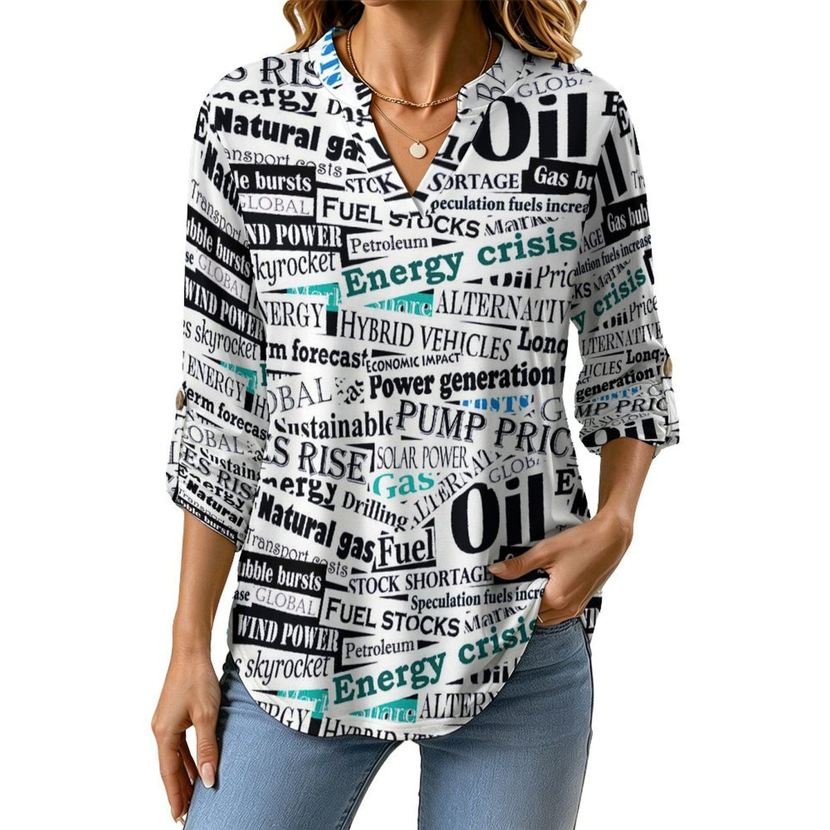 Newspaper, Repeating Pattern  Versatile Notched V-Neck Tunic | Roll Tab 3/4 Sleeve Office Casual Top