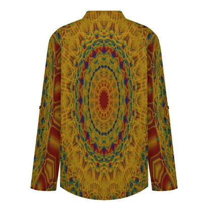 Women Curved Hem V Neck Roll Sleeve Casual Work Top  Retro Pattern, Background