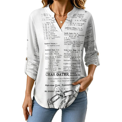 Stand-up Collar Long-sleeved Shirt Newspaper Vintage Dress white S Women’s V-Neck Blouses