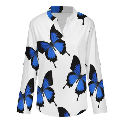 Stand-up Collar Long-sleeved Shirt The Butterfly Repeat white S Women’s V-Neck Blouses