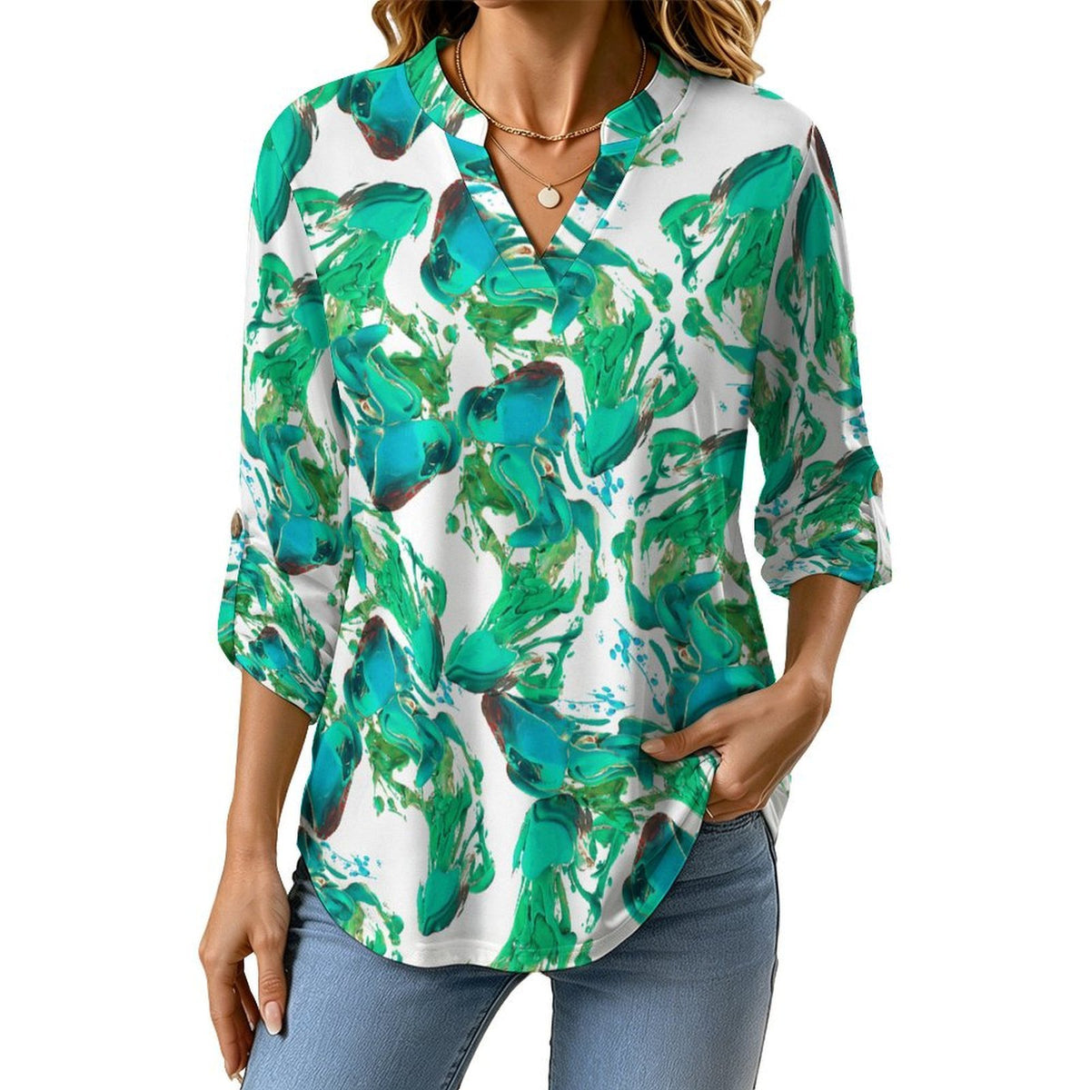 Versatile Notched V-Neck Tunic | Roll Tab 3/4 Sleeve Office Casual Top  Liquid, Repeating Pattern