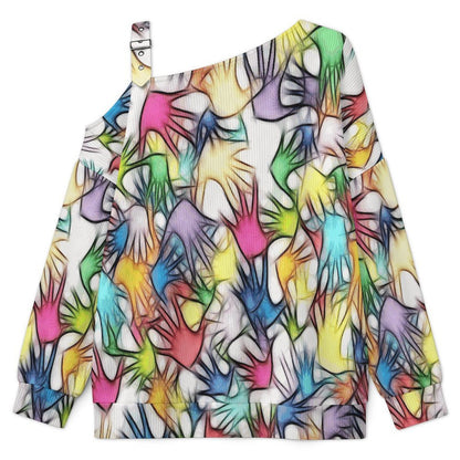 Women’s Off-Shoulder Knit Sweater Colored Hands, Shadows, Abstractions