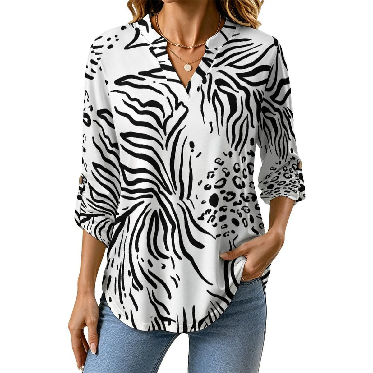 Women's Notched V Neck Tunic Tops, Roll Up 3/4 Sleeve Button Cuff Casual Blouse, Hem Loose Work Shirts  Tiger Pattern, Repeating Pattern