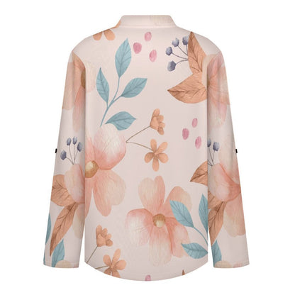 Stand-up Collar Long-sleeved Shirt Pink Flowers, Background white SWomen’s V-Neck Blouses