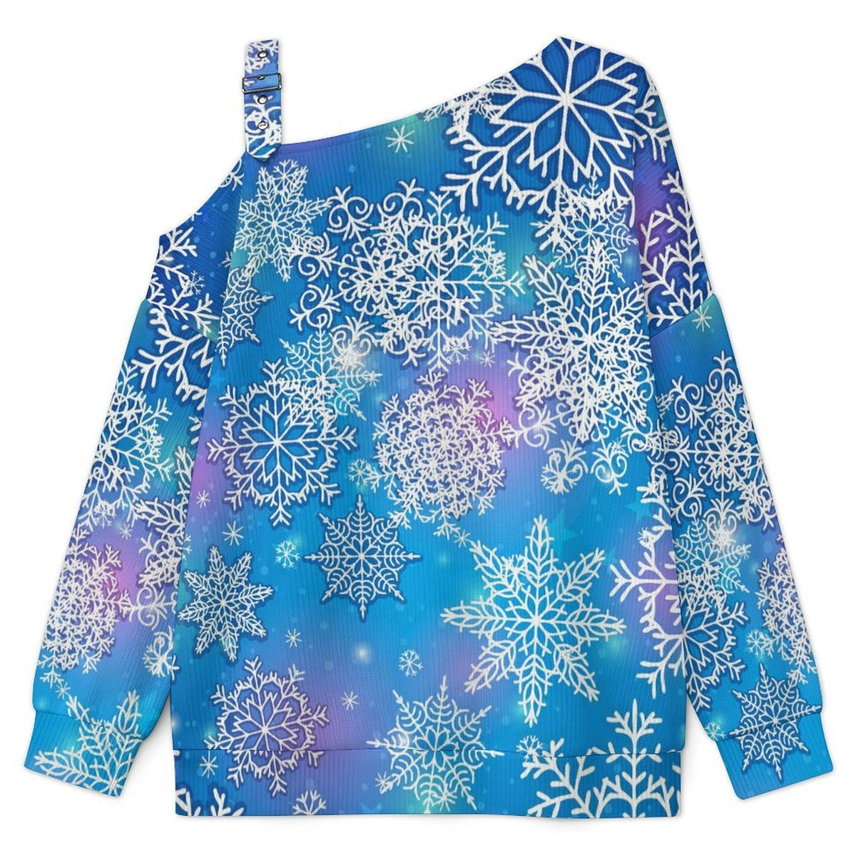 Fall Casual Asymmetric Shoulder Knit Top with Buckle Detail Blue, Snowflakes, Background