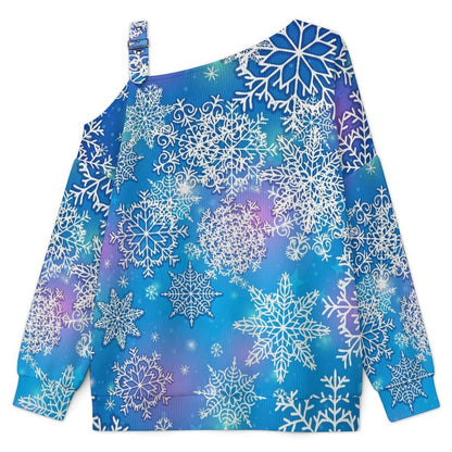Fall Casual Asymmetric Shoulder Knit Top with Buckle Detail Blue, Snowflakes, Background