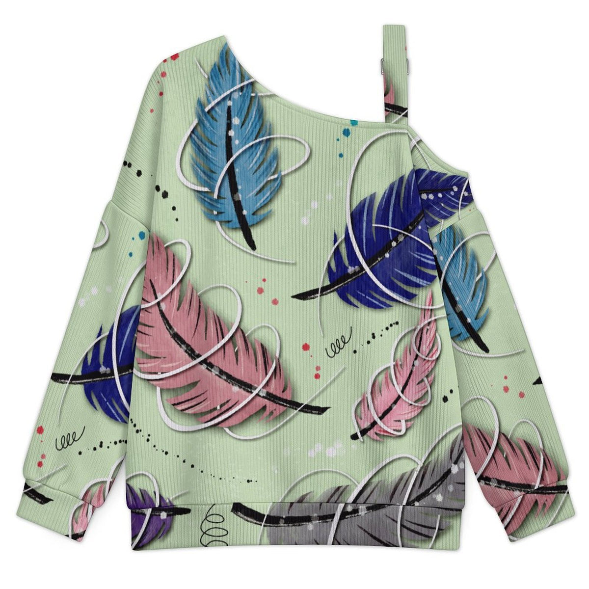 Women’s Off-Shoulder Knit Sweater Colorful Feather Pattern
